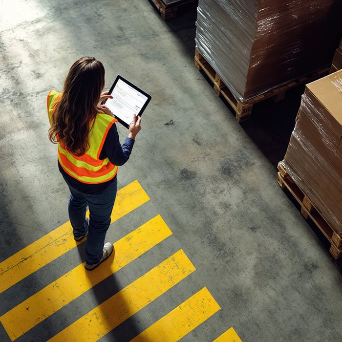 A warehouse employee looking at data on an ipad.