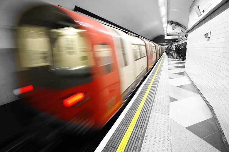 Fast passing train at the train station. 