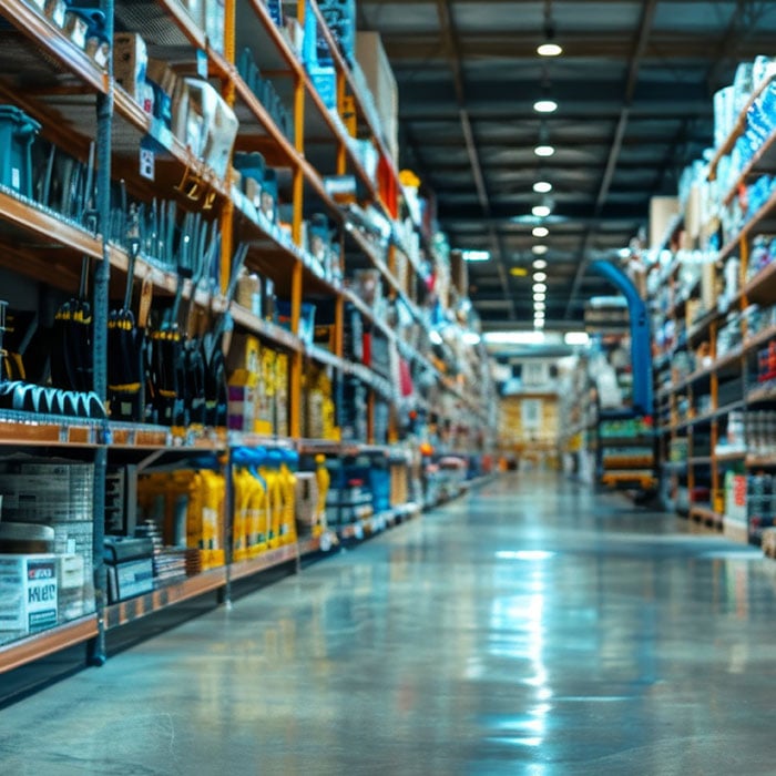 A fully stocked warehouse with products on shelves.