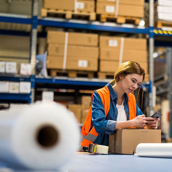 A female employee taking inventory on a cell phone. 