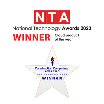 Awards received by Open ECX Kerridge CS partner. NTA Cloud product of the year award 2023, and Construction Computing AWARDS winner 2023.