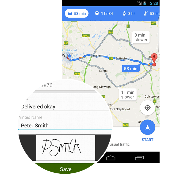 A screenshot show a map and a delivery with a customer signature.