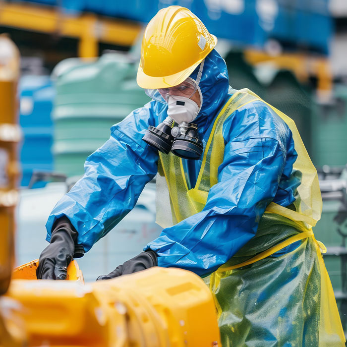 A worker in protective gear collecting hazardous waste materials for safe disposal emphasizing the risks and precautions in waste management